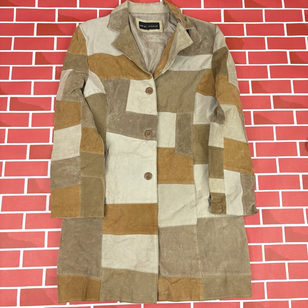 RENEE RAQUEL Women's Patchwork Leather Jacket Mid-Length Button Front Lined